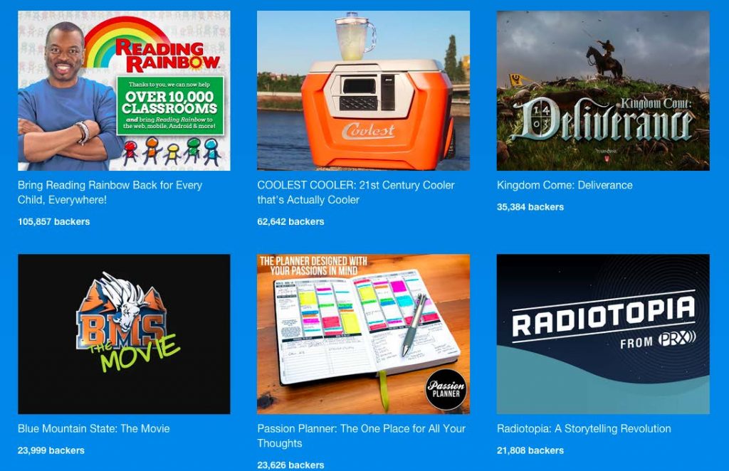 Picture of all the top kickstarter campaigns